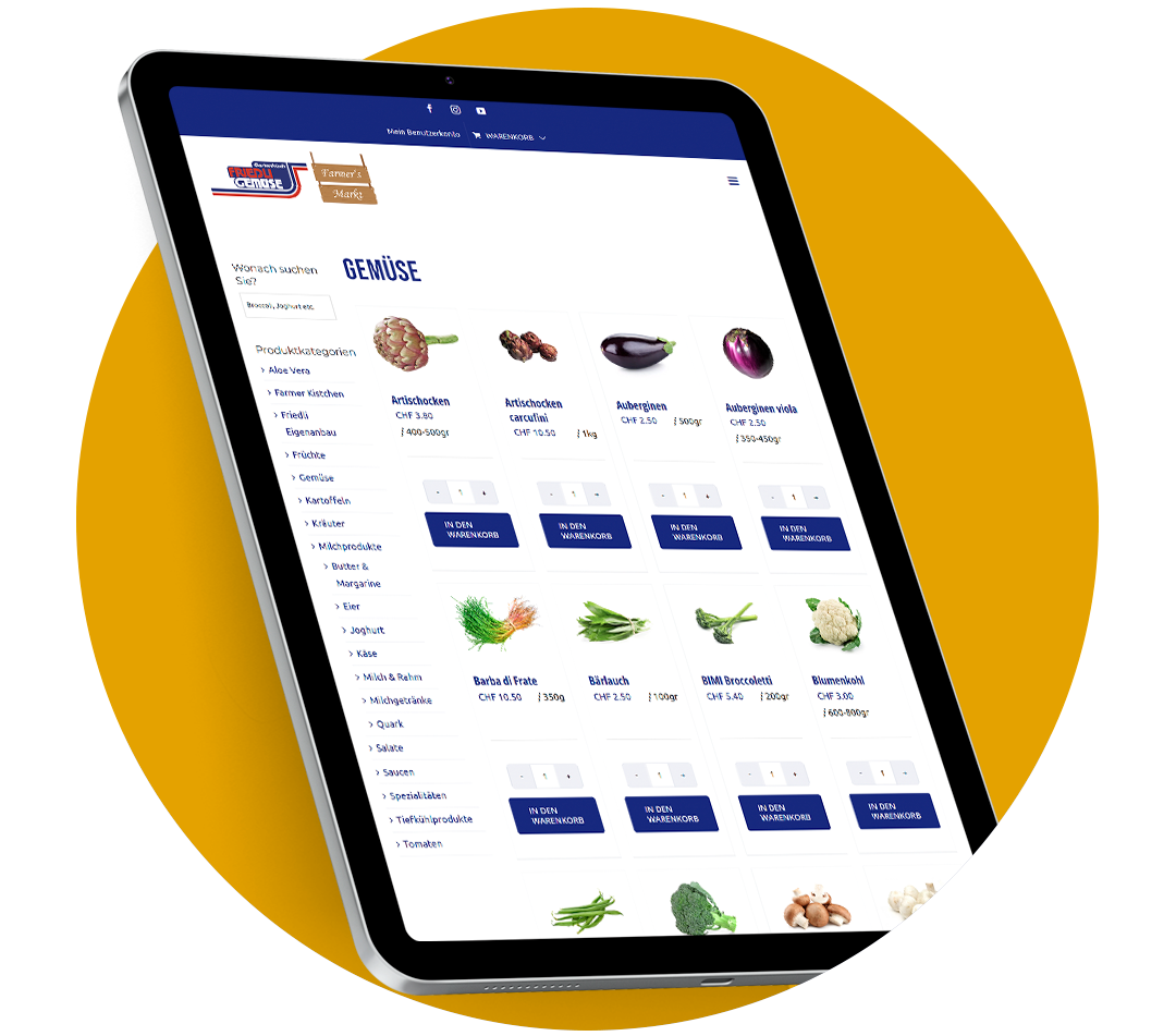 Website Referenz dargestellt auf Tablet mit geöffnetem Webshop von Gemüse- und Früchte Grossist - Friedli Gemüse Handels AG