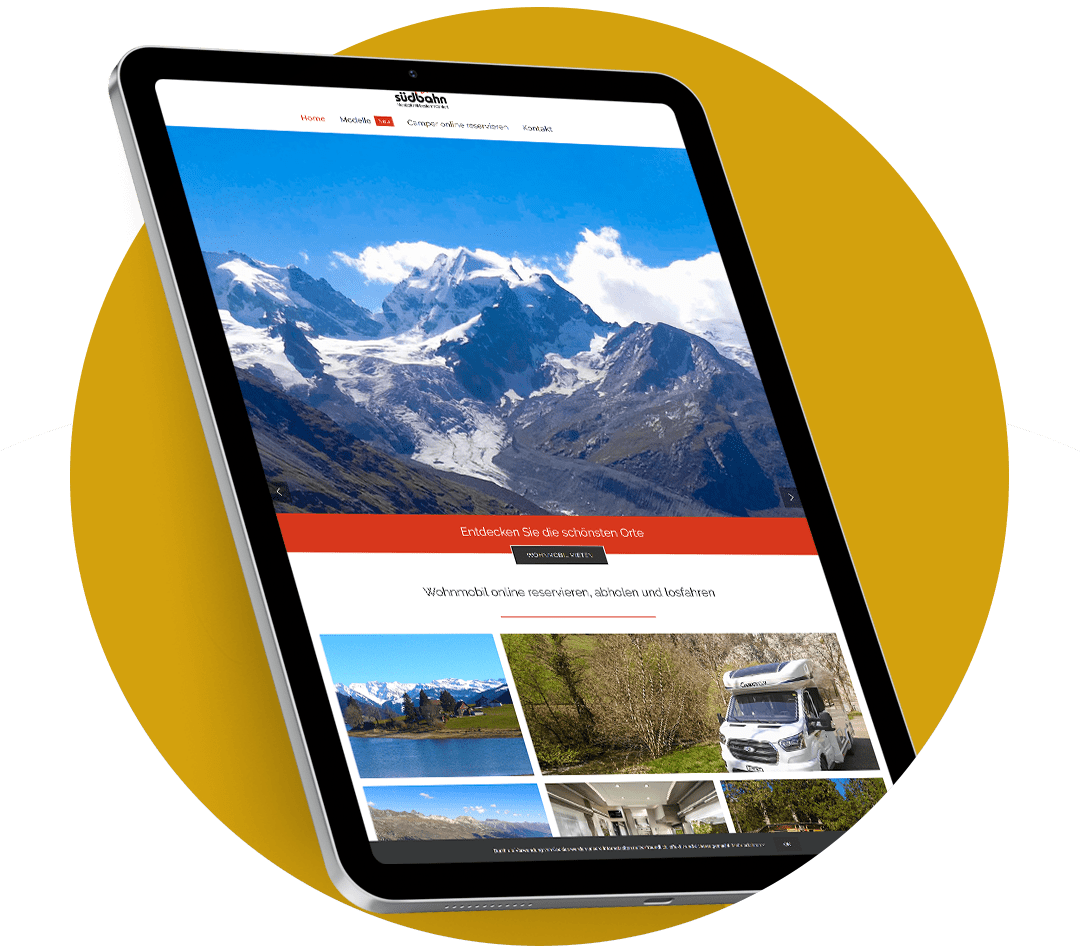 Website Referenz dargestellt auf Tablet mit geöffneter Website von Camper Vermietung - Südbahn Rent GmbH
