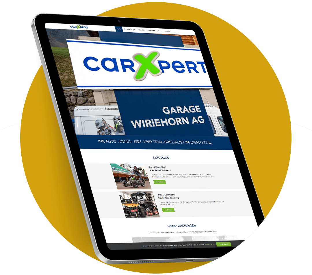Website Referenz dargestellt auf Tablet mit geöffneter Website von Auto- Quad und Trial-Spezialist - Wiriehorn Garage AG