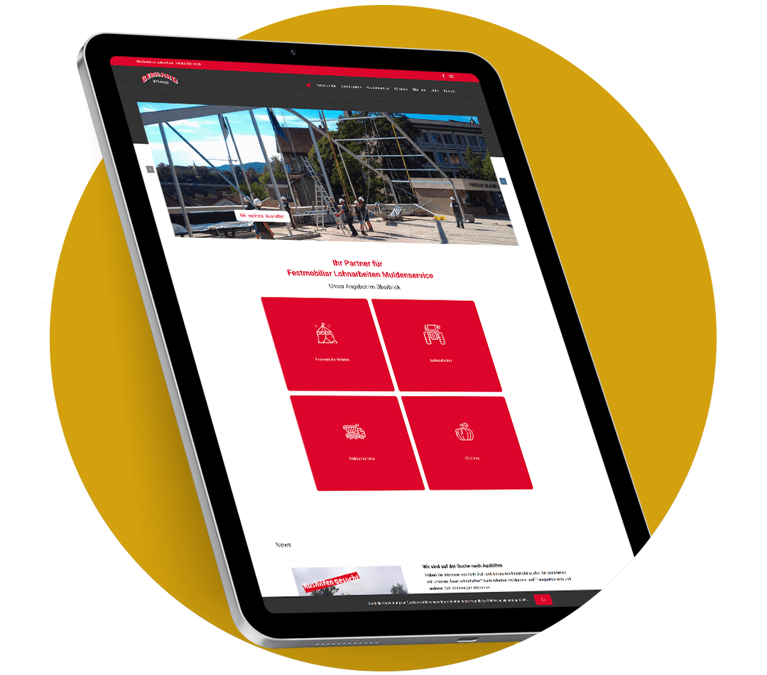 Website Referenz dargestellt auf Tablet mit geöffneter Website von Festmobiliar Vermietung Aargau - Gebhard Wildegg AG