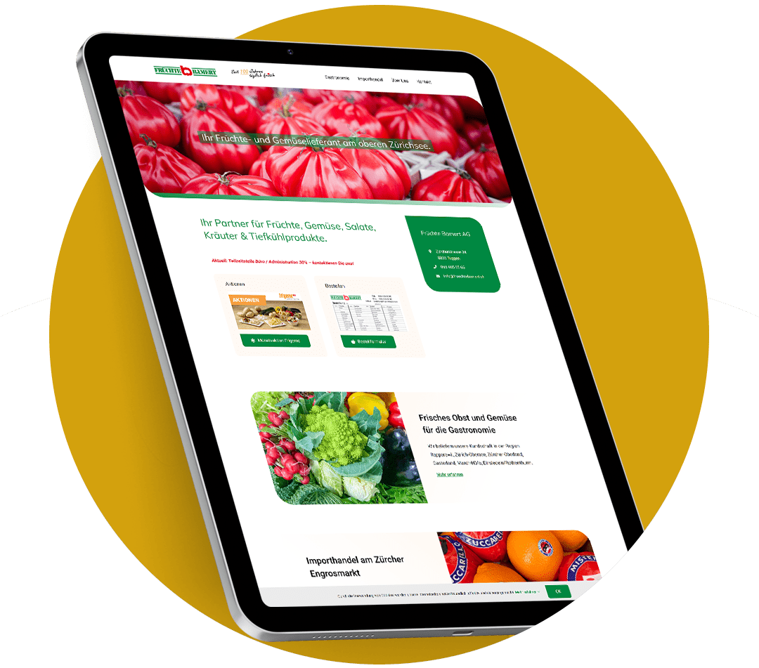 Website Referenz dargestellt auf Tablet mit geöffneter Website von Gemüse- und Früchtelieferant Früchte Bamert AG