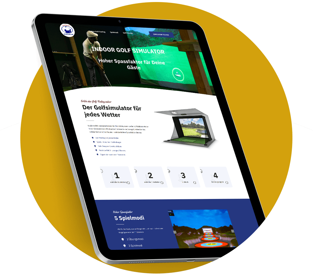 Website Referenz dargestellt auf Tablet mit geöffneter Website von Indoor Golf Simulator - Jeangolf